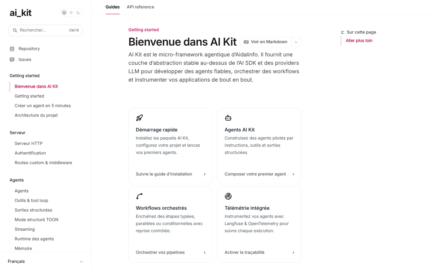 Capture de la documentation AI Kit : démarrage rapide, agents, workflows orchestrés et télémétrie.
