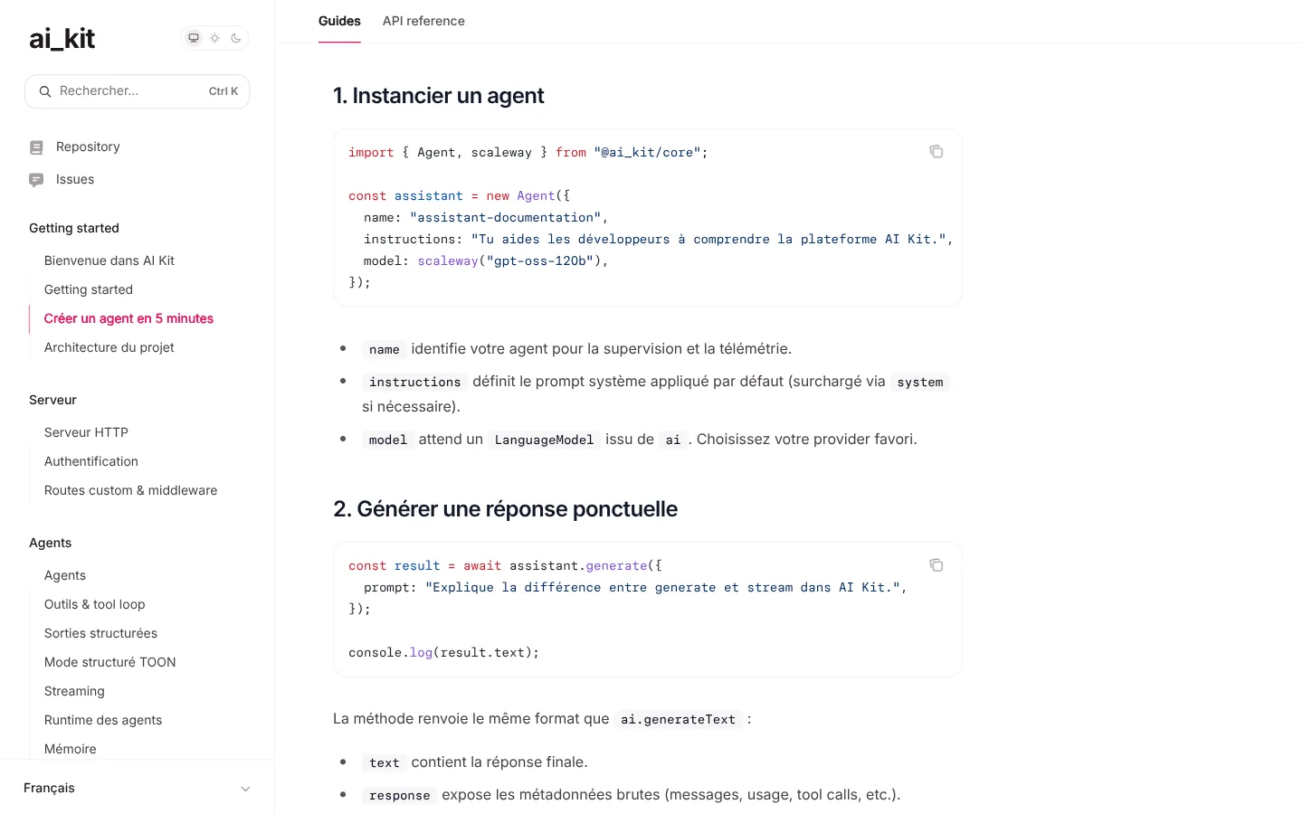 Extrait de code TypeScript coloré montrant la création d’un agent AI Kit et l’appel à sa méthode generate.