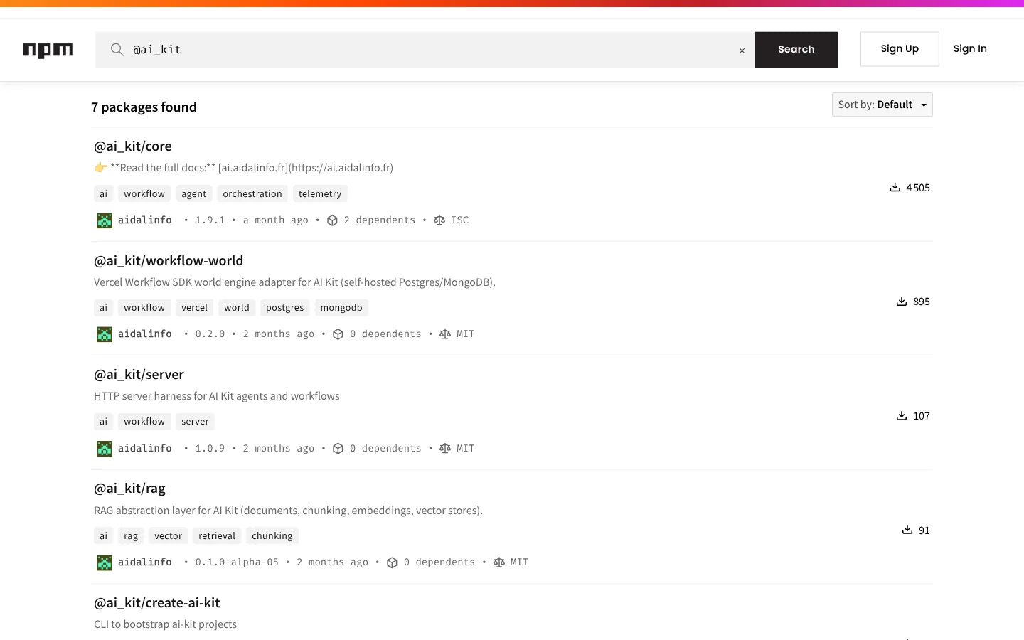Résultat de recherche npm affichant sept paquets sous le scope ai_kit, avec versions, licences et nombre de téléchargements.
