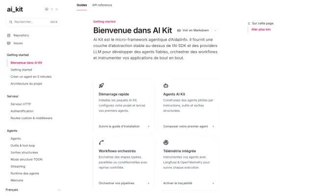 Page de documentation d’AI Kit et ses points d’entrée.