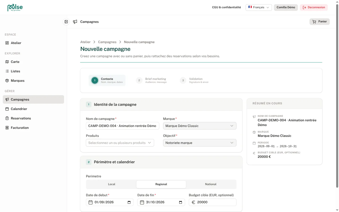 Assistant de création de campagne en trois étapes, avec résumé mis à jour à droite.