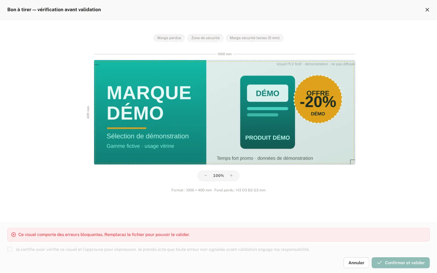 Prévisualisation d'un visuel PLV dans son gabarit, avec contrôles automatiques avant bon à tirer.
