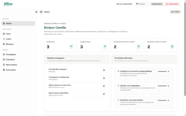Tableau de bord de l’espace industriel : marques, campagnes et réservations.