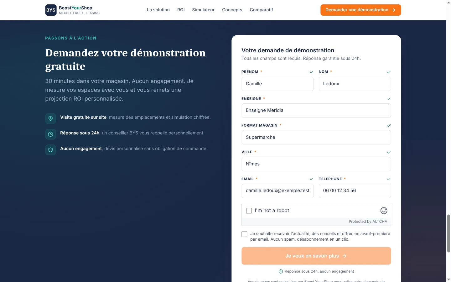 Section d’acquisition du site public Boost Your Shop avec le formulaire de demande de démonstration pré-rempli d’exemples fictifs (prénom, nom, enseigne, ville, e-mail, téléphone).