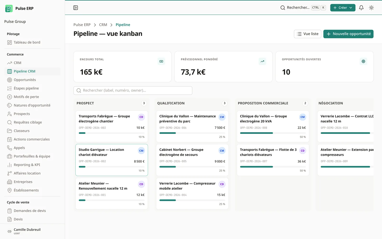 Kanban des opportunités commerciales par étape, avec montant et probabilité par affaire.