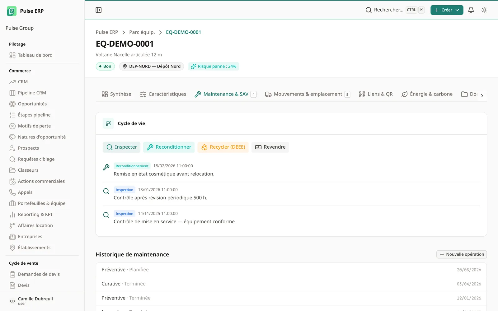 Fiche d'un équipement identifié : état, dépôt, maintenances et mouvements rattachés.