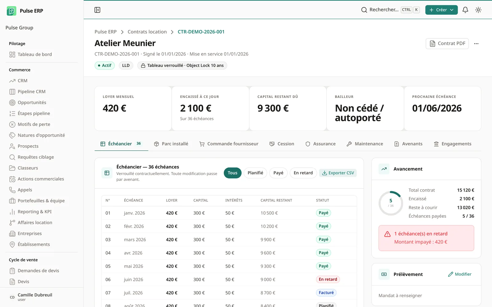 Contrat de location actif avec loyer mensuel, échéancier et suivi des paiements.