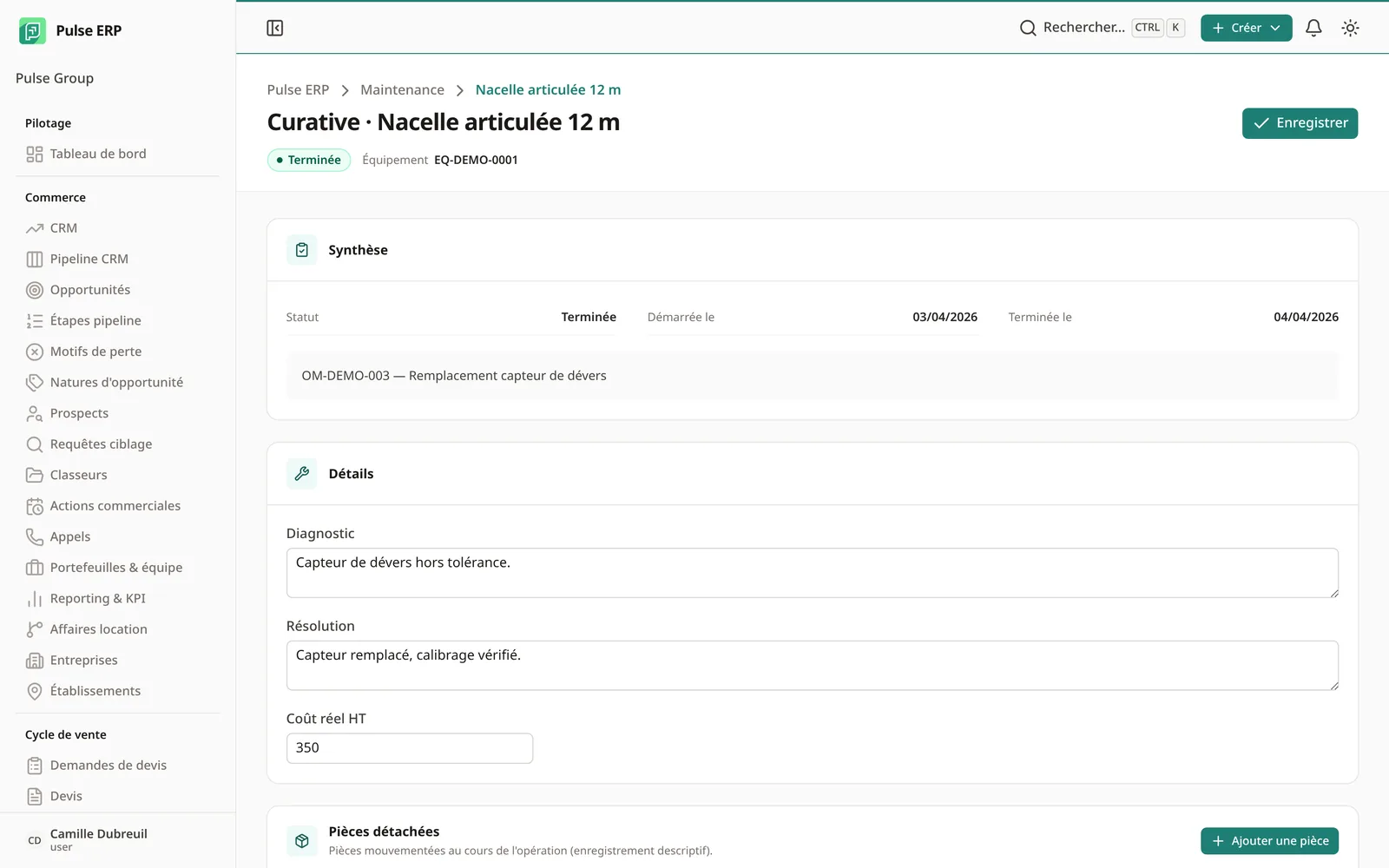 Ordre de maintenance terminé : diagnostic, résolution, coût et pièces détachées consommées.