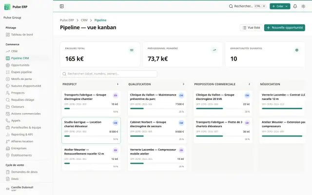 Vue CRM des opportunités commerciales, du prospect à la négociation.