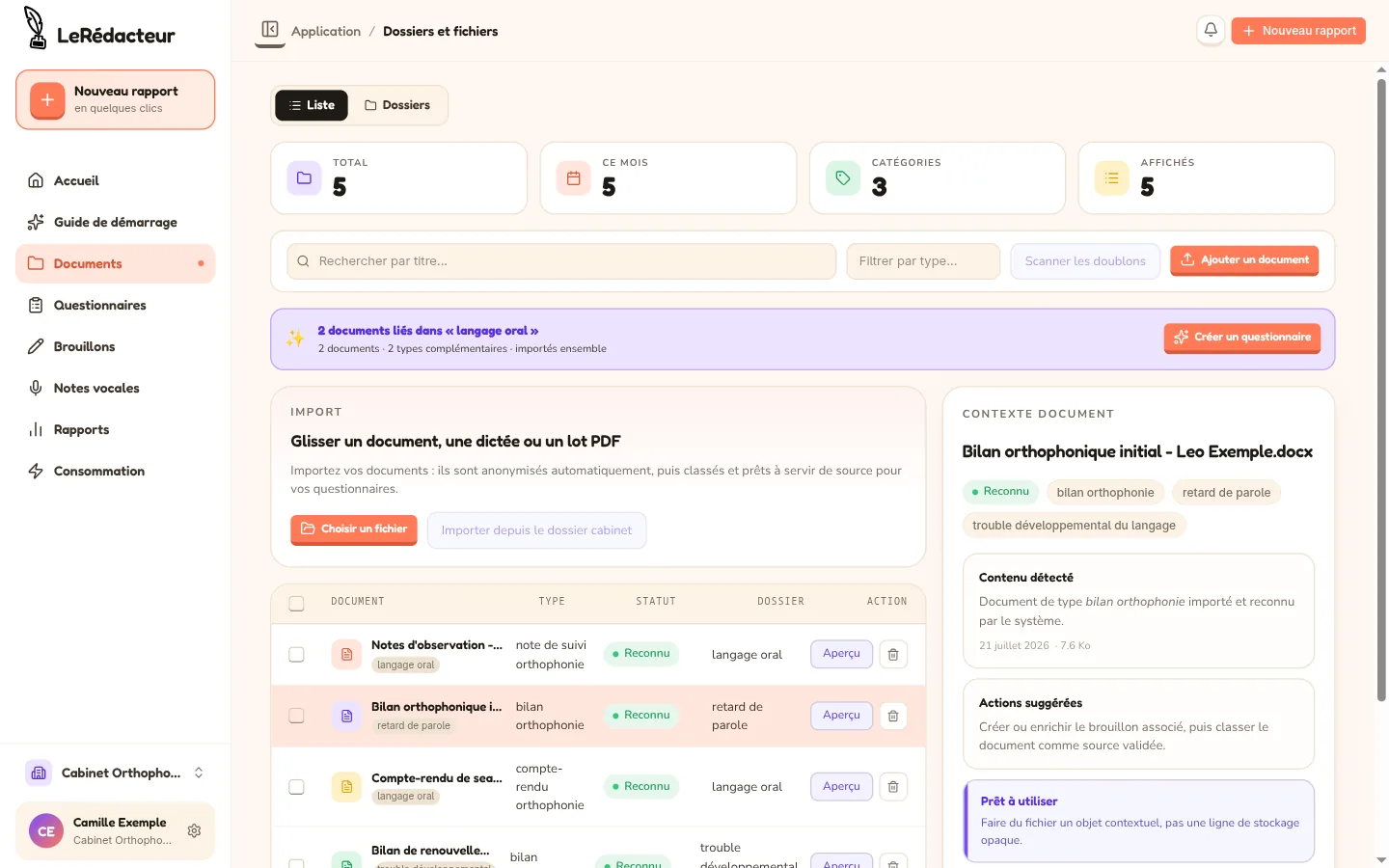 Bibliothèque des documents sources classés par type, avec zone d'import et contexte détecté.