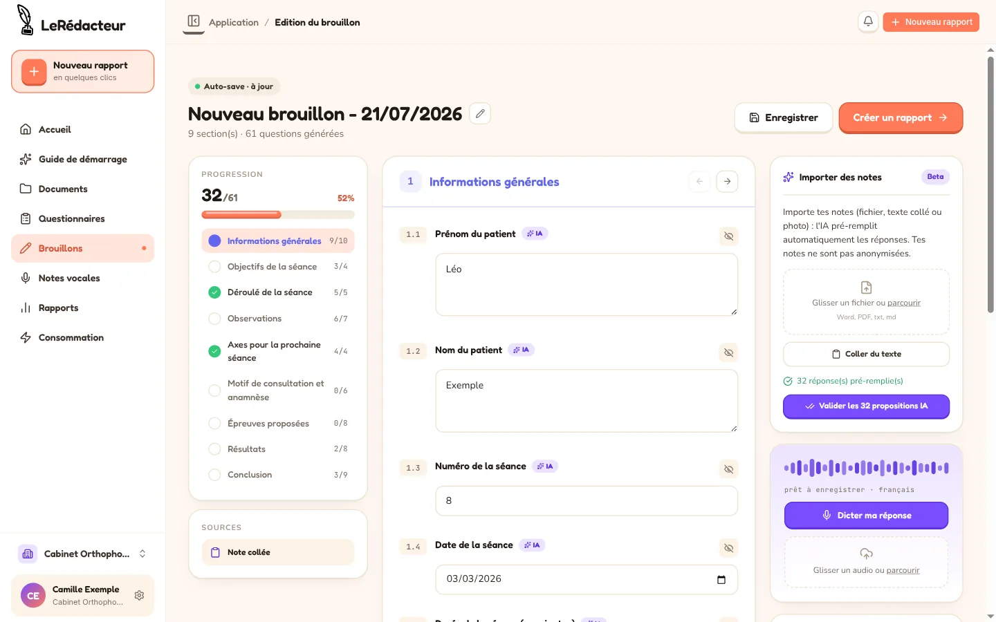 Brouillon en cours : réponses pré-remplies par l'IA, import de notes et dictée vocale.