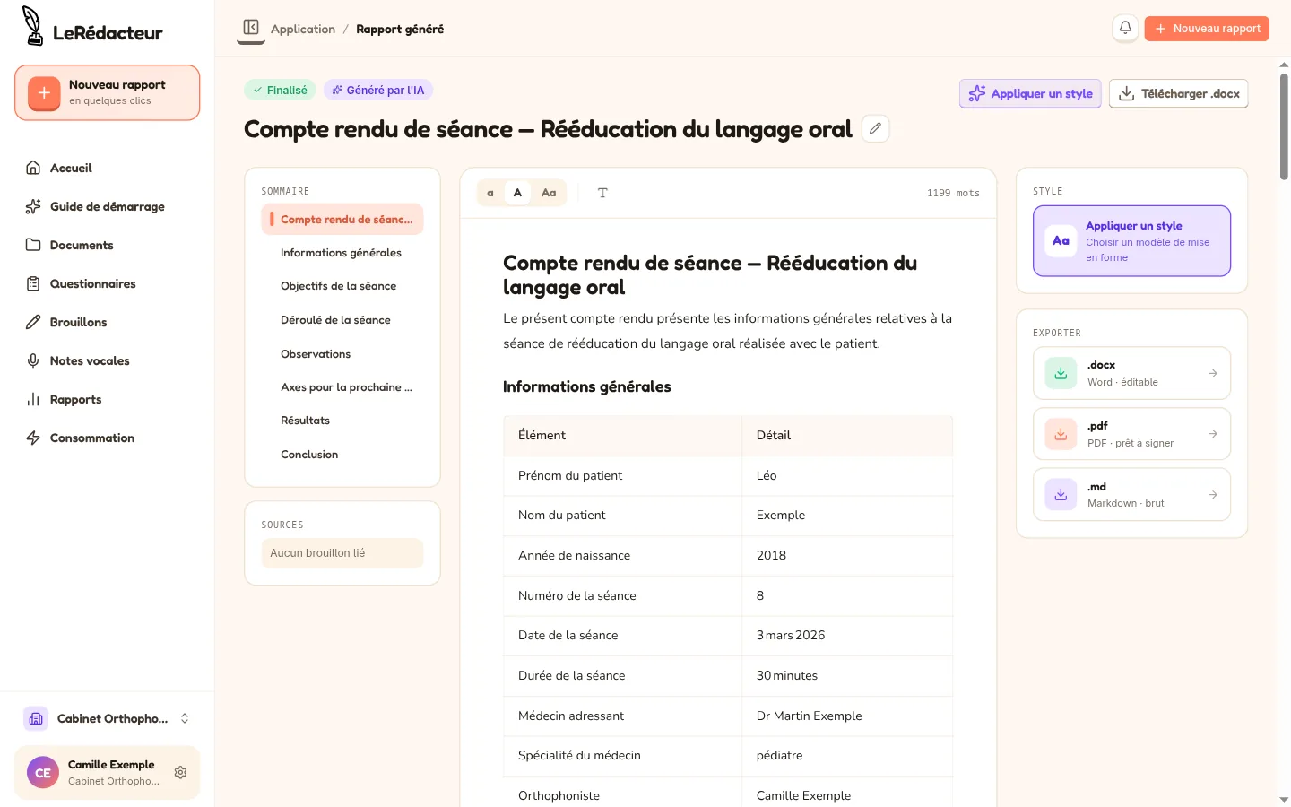 Compte rendu généré en relecture, avec sommaire, mise en forme et exports Word, PDF, Markdown.