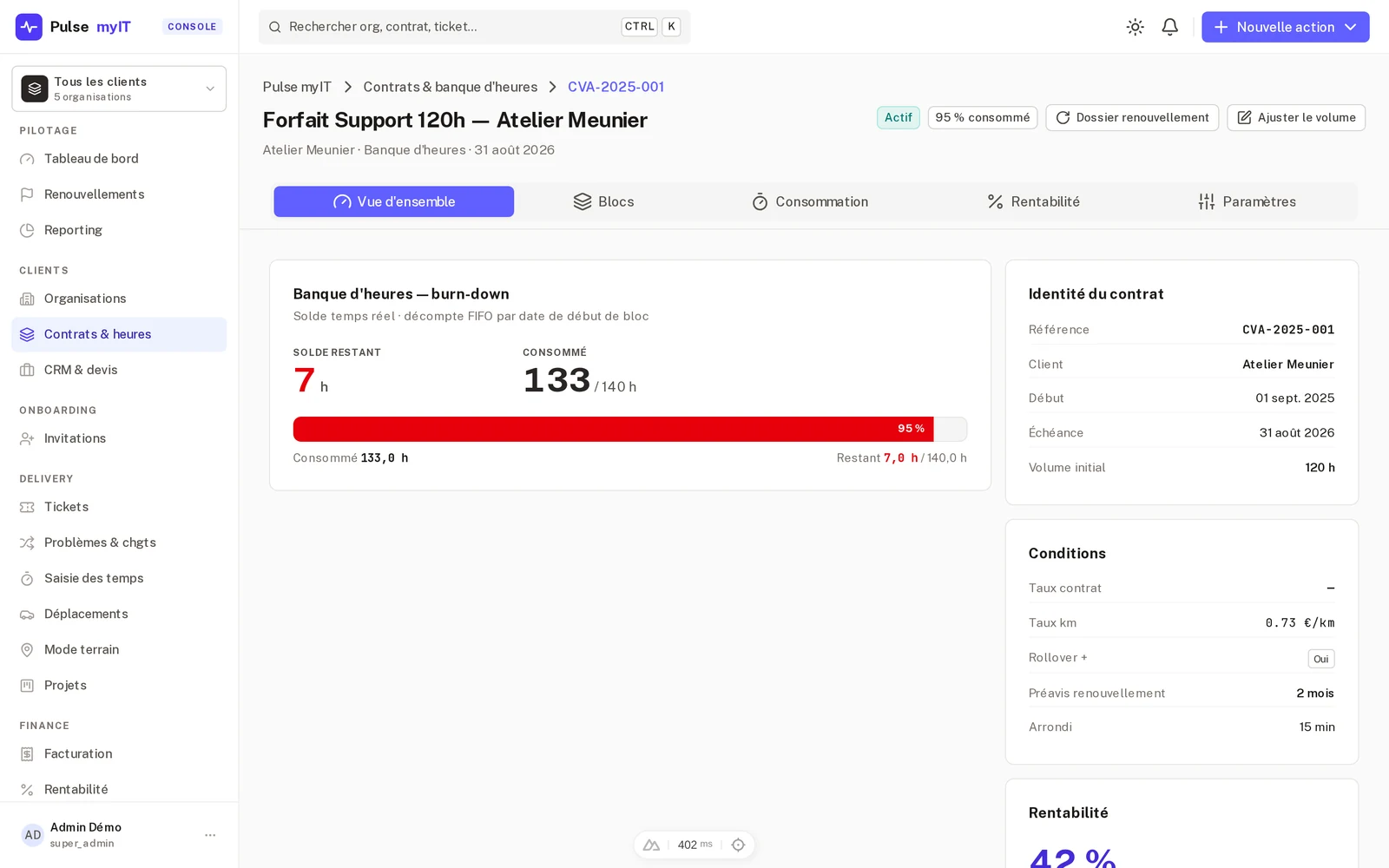 Contrat de support avec forfait d'heures, solde restant et conditions de facturation.