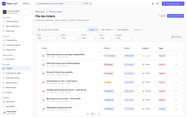 Console de tickets du helpdesk, avec statuts, priorités et affectations.
