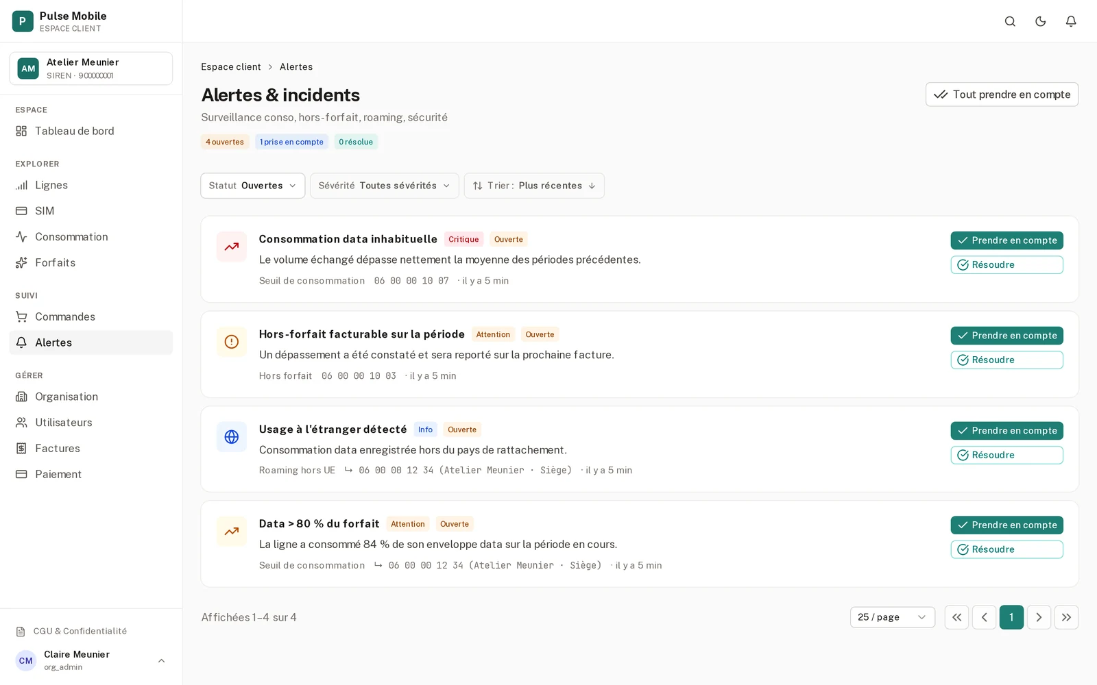 Liste des alertes de consommation ouvertes, rattachées chacune à une ligne mobile.